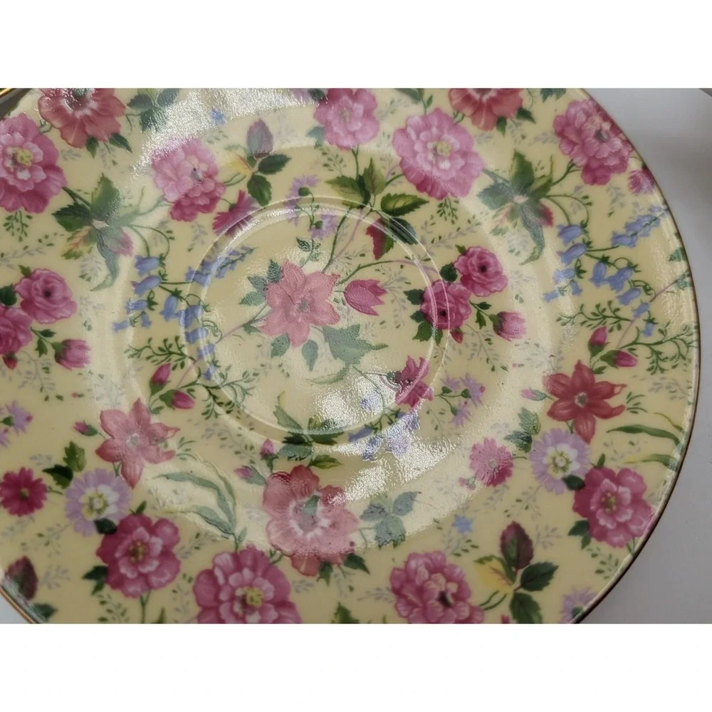 VTG Charlotte Baum Brothers China Yellow & Pink Chintz Floral 13 Pc Set Cups Tea